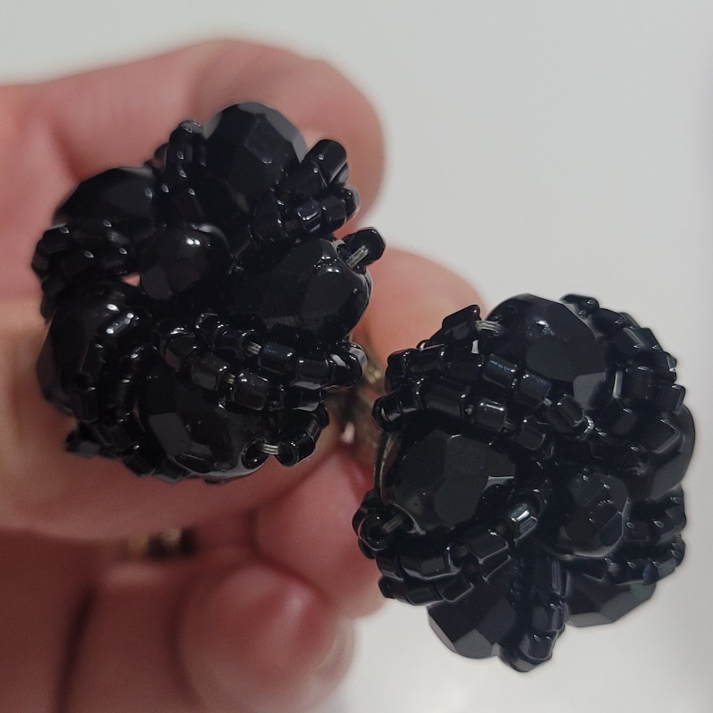 Vintage West Germany Beaded Cluster Faceted Clip On Earrings Black